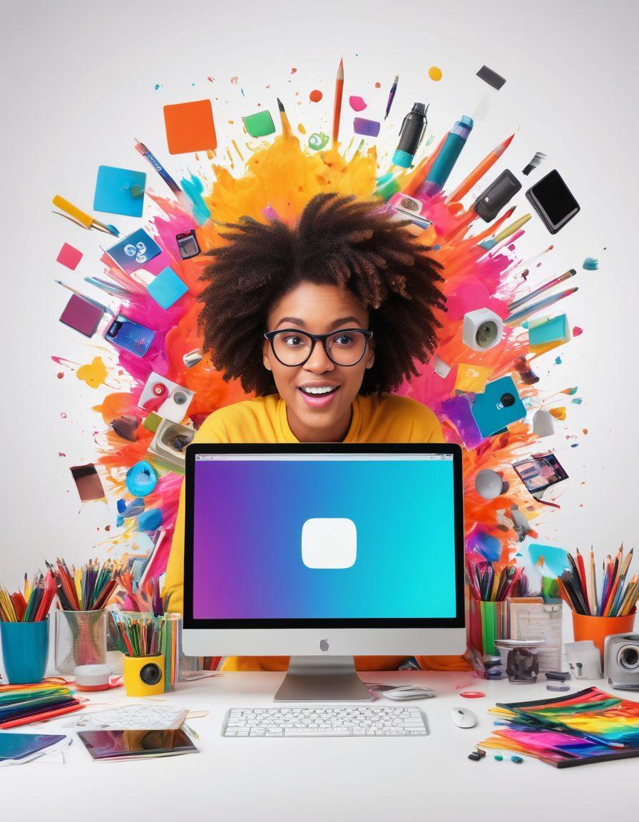 A vibrant workspace filled with colorful art supplies and digital devices, showcasing a person immersed in video content creation with expressive facial expressions. Surrounding them are floating video icons and animated graphics bursting with creativity. Bright and energetic color palettes evoke inspiration and innovation. super-realistic. vibrant colors. white background.