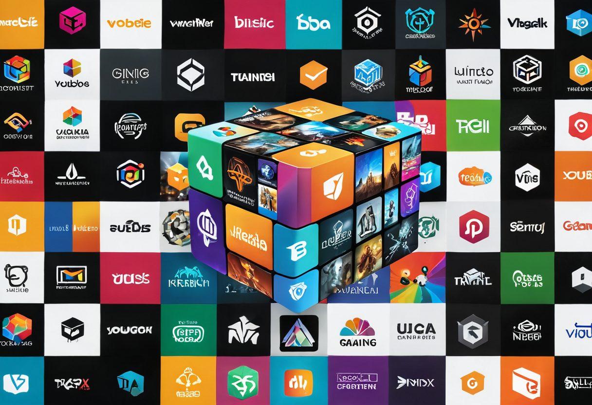 A dynamic collage of vibrant video thumbnails representing diverse content genres, including gaming, education, and travel, intertwined with a glowing Youcube logo in the center. Surround the logo with video editing tools and analytics charts to symbolize innovation and growth. Utilize bright colors and sleek digital effects to create a sense of excitement and potential. super-realistic. vibrant colors. white background.